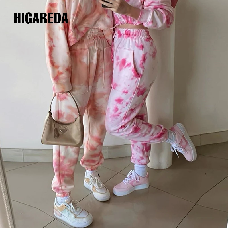 

HIGAREDA Tie Dye Printed Casual Sweatpants Women Pockets High Waist Long Trousers Ladies Thin Harajuku Pants Capris Streetwear