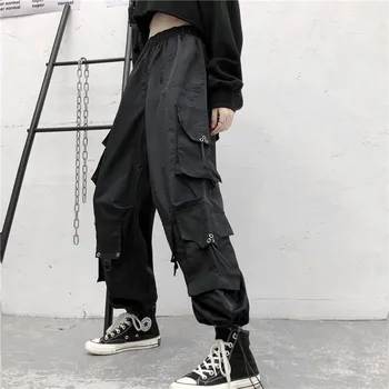 

Black Solid Loose Cargo Pants Woman 2020 New Summer Pocket Elastic Waist Long Pants Female Chic Fashion Trousers Woman