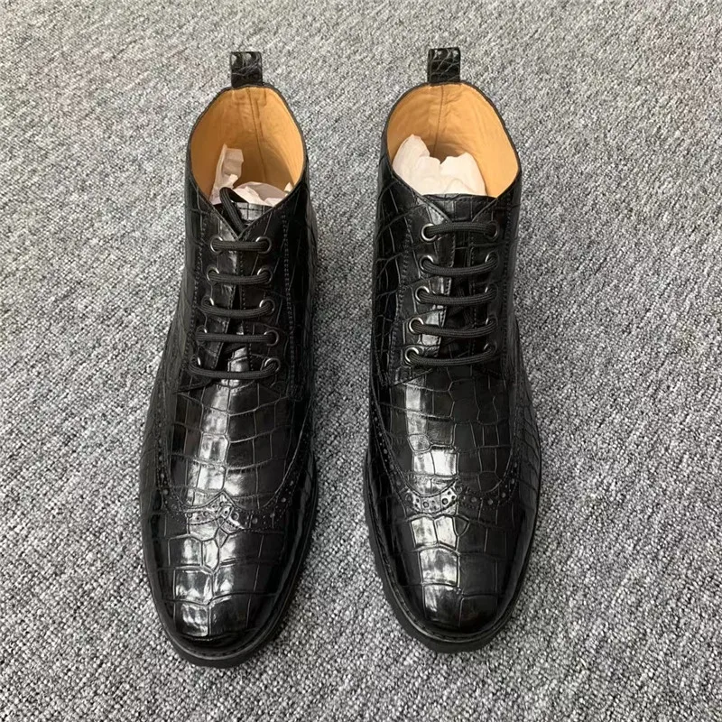 

Authentic Crocodile Skin Men's Casual Short Winter Boots Genuine Real True Alligator Leather Male Lace-up Brogue Ankle Shoes
