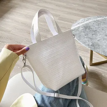 

Fashion All-Match Retro Woven Bucket Bag Women'S Single Shoulder Diagonal Bag Solid Color Pu Leather Female Bag
