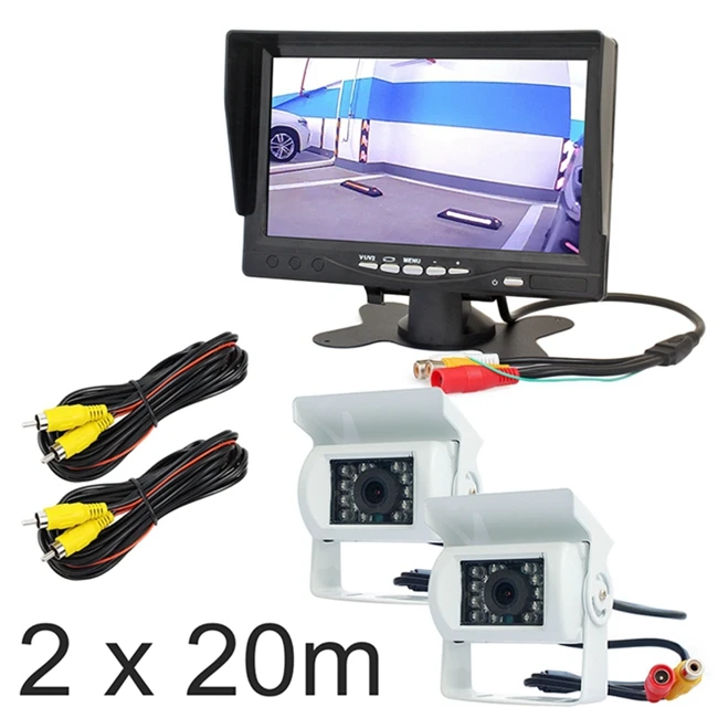 2 x 20m DIYKIT ИК ночного видения CCD заднего вида автомобиля камера белый+ 7 дюймов HD TFT ЖК-дисплей автомобиля монитор заднего вида экран - Название цвета: 2 x 20m