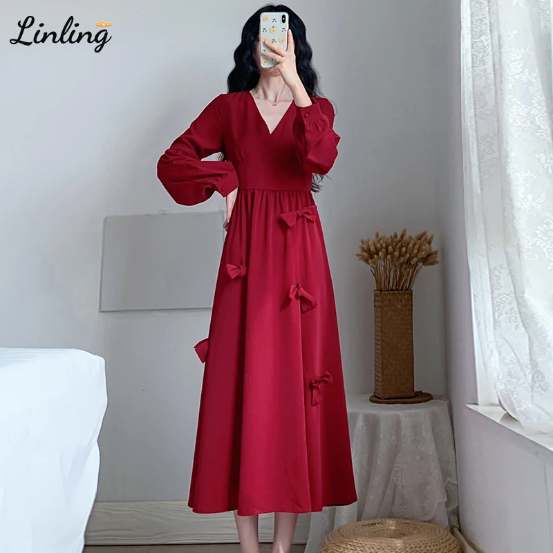 

LINLING Vintage Red Evening Dresses vestidos formales Elegant V-Neck Long Sleeves Ankle Length A-Line Party Gown For Ladies