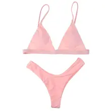 Женский сексуальный комплект бикини из двух частей, бразильский стиль, треугольный бюстгальтер с глубоким v-образным вырезом, низкая талия, перекрещивающиеся, искусственная кожа, передние стринги, одноцветные, яркие цвета