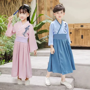 

Children Boy Dragon Embroidery Tang Suit Girl Phoenix Dress Festival Performance Outfits Chinese Traditional Hanfu Party Costume