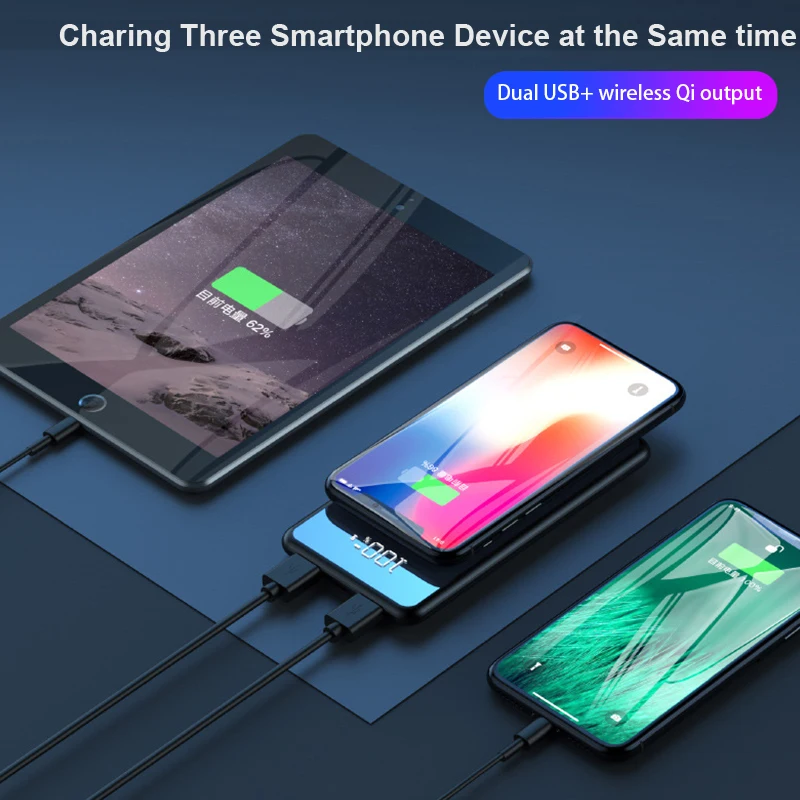 10000 мАч банк питания для iPhone Xiaomi ультра тонкий беспроводной зарядное устройство Внешний аккумулятор с двумя usb-портами порты внешний аккумулятор зарядное устройство power bank