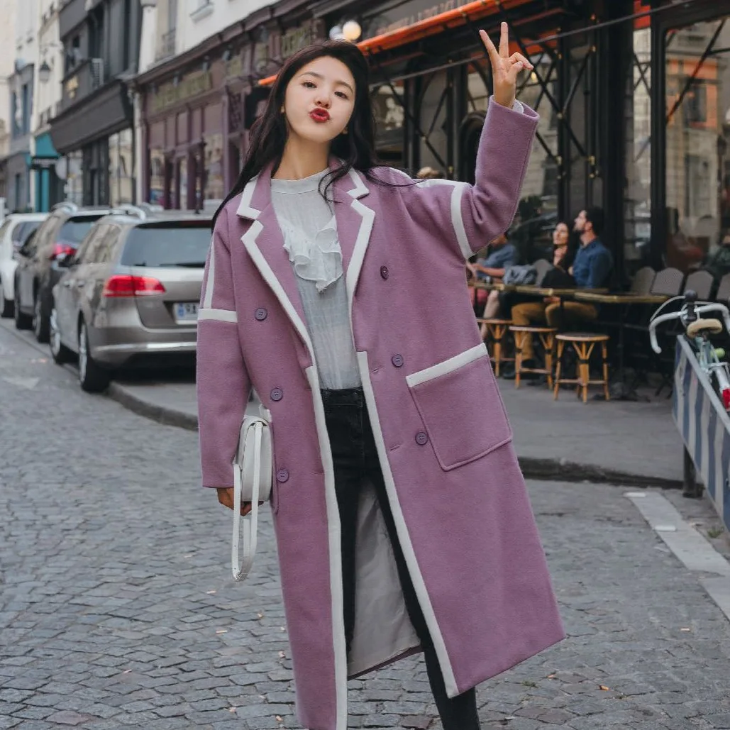 Фотосессия корейский стиль Ulzzang розовато-фиолетовый контрастный цвет элегантный Ol костюм воротник шерстяной пиджак женский двубортный шерстяной