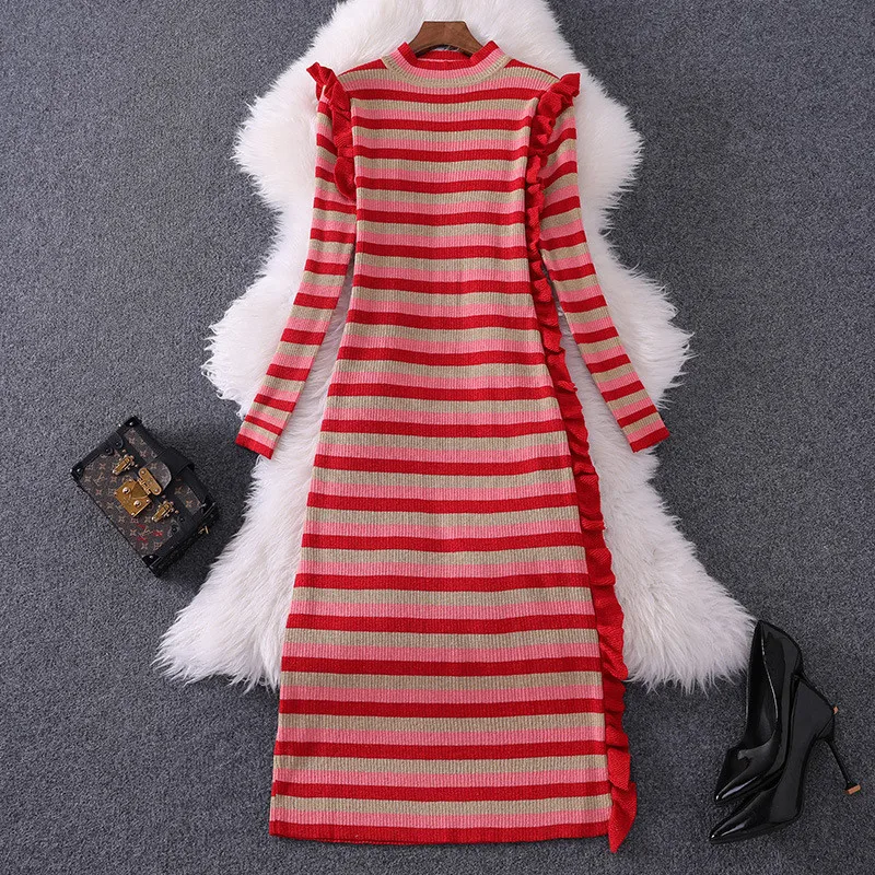 striped Европейская мода, осенне-зимнее платье, женская одежда, новинка, длинный рукав, с оборками, в полоску, миди, вязаный свитер, платье, повседневное, Vestidos - Цвет: striped