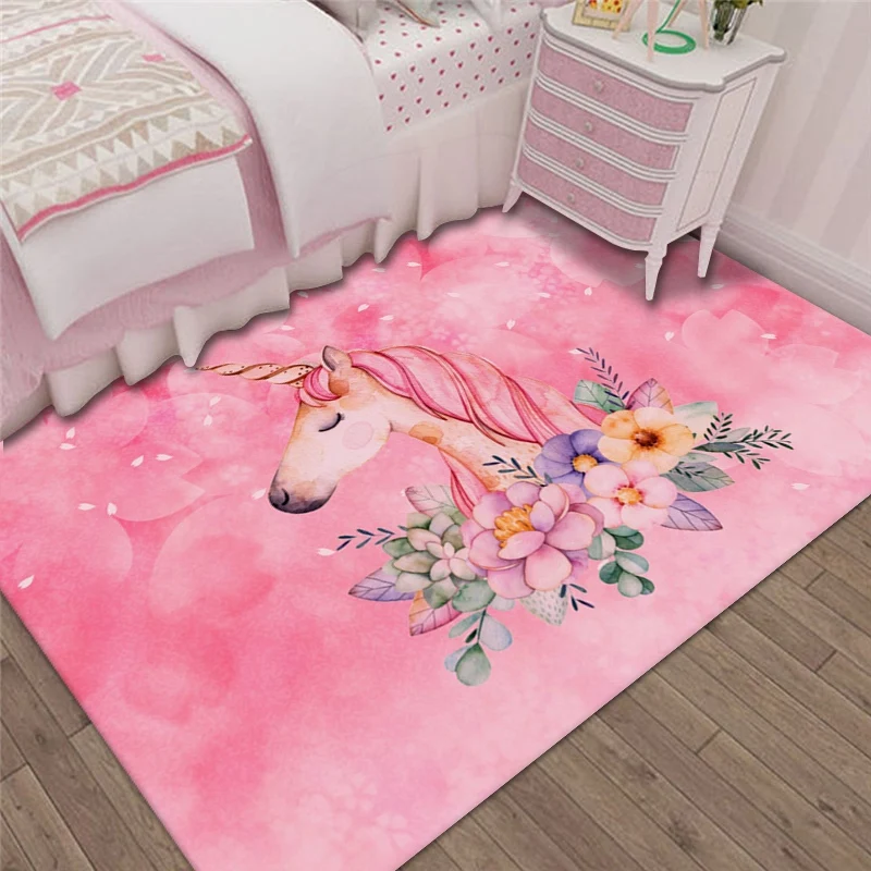 Girls Bright Pink Kids Unicorn Bedroom Bedside Small Medium Large Rugs Mat Cheap 