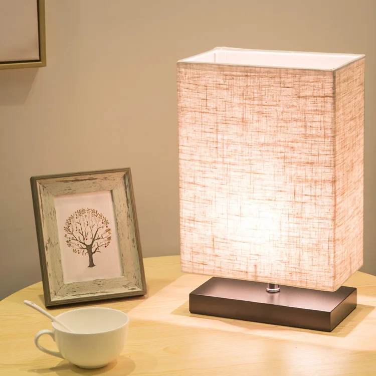 Modern Simple Rectangular Table Lamp Wooden Base Bedroom Bedside LED Lamp Japanese Study Table Lamp Linen