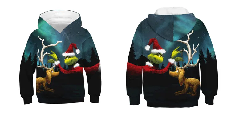Grinch/Толстовка для детей с 3D принтом Grinch; толстовка с капюшоном для мальчиков и девочек-подростков; детский пуловер; топы; костюм гринча; Рождественская одежда