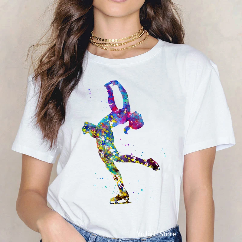 Watercolor Figure Skating Girl Print Sports Tee Shirt Femme Harajuku