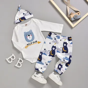 

baby boy clothes 18 months Long Sleeve Cotton Cartoon Romper Tops Pants Hat Outfits conjuntos de bebe menino 11.29