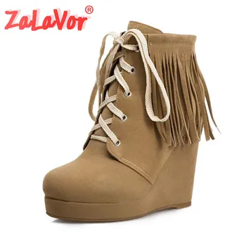 

ZALAVOR Tassels 4 Colors Woman Fashion Winter Ankle Boots Cross Strap Wedges Platform Short Boots Fur Female Botas Size 34-45