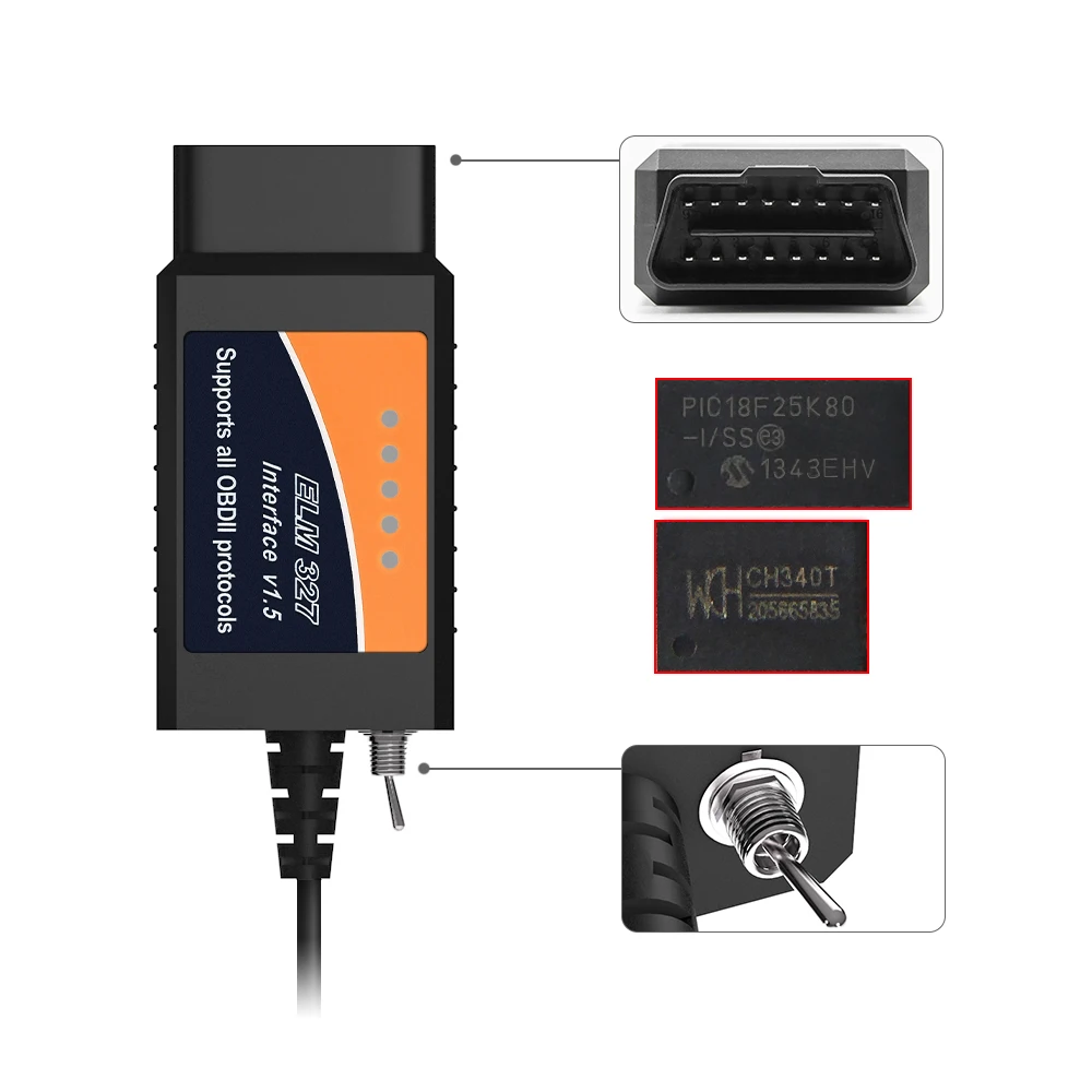 ELM327 V1.5 USB с чипом PIC18F25K80 PL2303 Драйвер IC OBDII FT232RL/CH340 чип OBD2 диагностический сканер