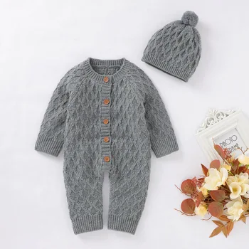 

Hot Selling Newborn Outfits Outerwear Baby Romper Set Girl Autumn Winter Long Sleeve Knitted Romper Jumpsuit Costume Hat