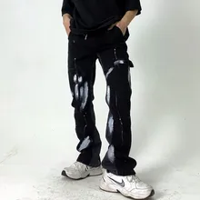 Pantalones vaqueros desgastados para hombre, Jeans Retro lavados con cordón, ropa de estilo escolar oscuro, color negro con Graffiti de inyección de tinta, 2021