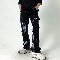 Pantalones vaqueros desgastados para hombre, Jeans Retro lavados con cordón, ropa de estilo escolar oscuro, color negro con Graffiti de inyección de tinta, 2021