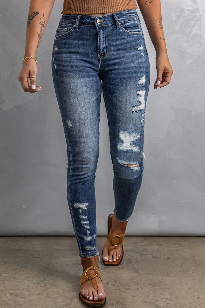 buckle jeans Worn Ripped Wash Jeans Vintage Women Slim High Waist Cropped Skinny Pencil Pants Casual Hole Mid Waist Dark Blue Denim Trousers cargo pants for women