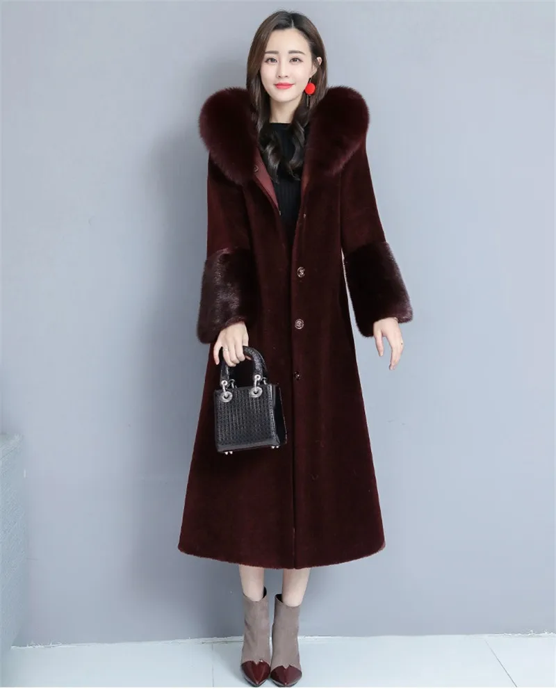 Женская куртка с воротником из искусственного лисьего меха Зимний модный длинный мнимый лисий мех пальто с капюшоном толстые теплые пальто женская верхняя одежда высокого качества - Цвет: Red wine