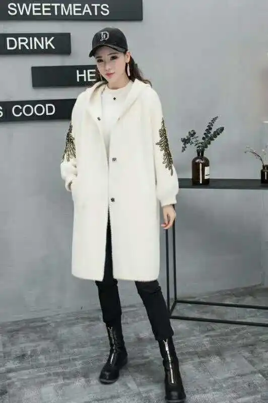 Женское пальто с искусственным мехом, новая мода, женское длинное пальто с буквенным принтом, куртка с капюшоном, осенне-зимняя теплая Повседневная куртка с длинным рукавом