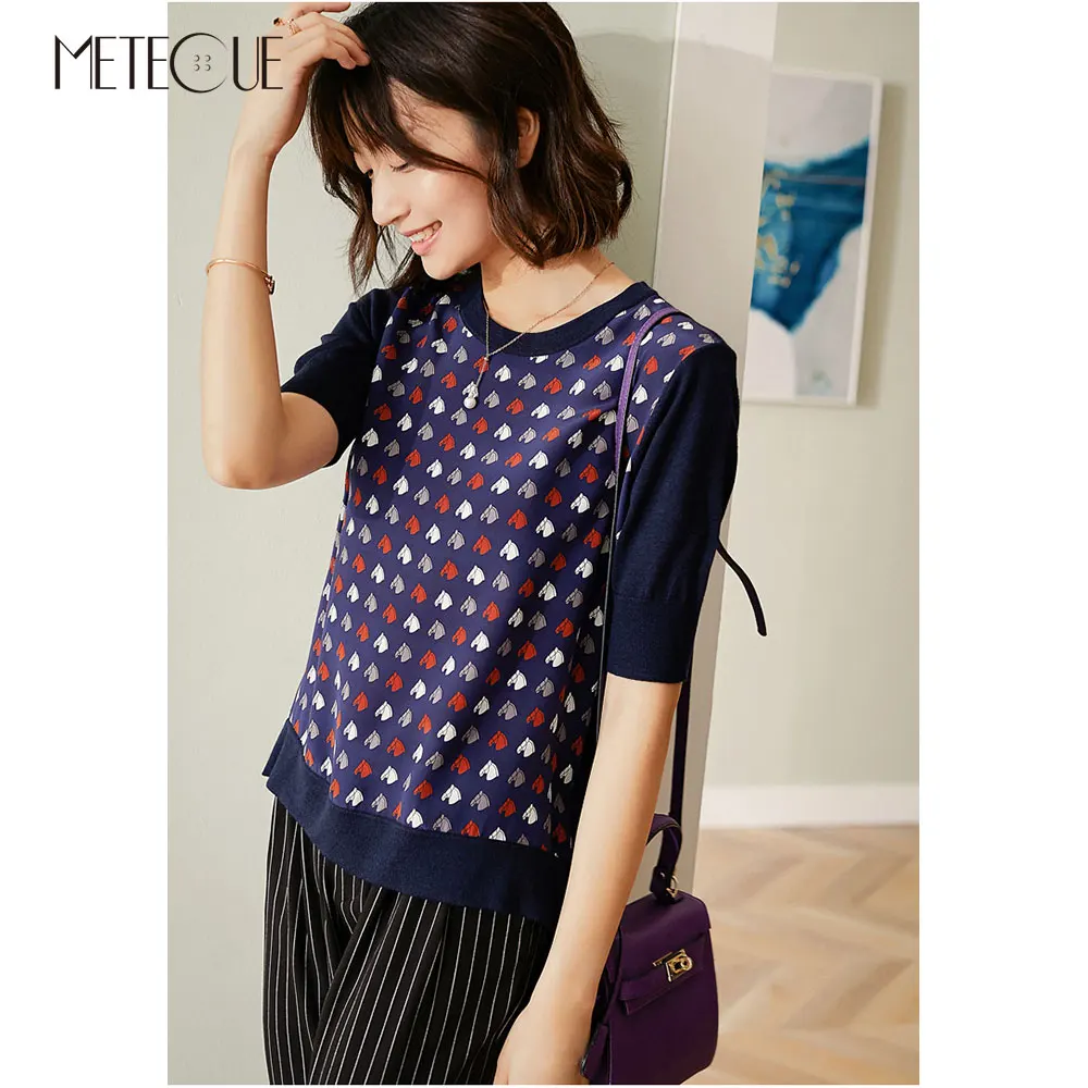 

Silk Wool Cotton Knitted Patchwork Women Sweaters 2019 Spring Summer Fashion Printed Short Sleeve Women Tops 2019 Fall Winter