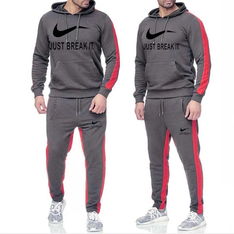 grey and black 2 Осенне-зимний флисовый пуловер с капюшоном для мужчин, Модный популярный логотип, Спортивный Молодежный повседневный костюм, 2 предмета, худи для мужчин - Цвет: grey and black 2