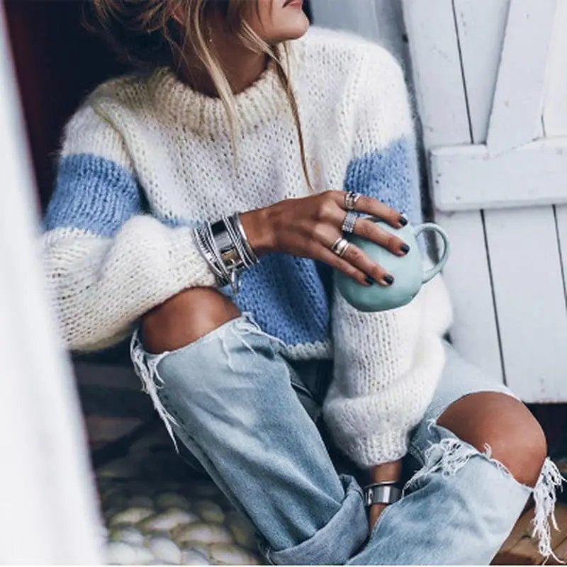 

Long Sleeve Mohair Color Block Sweater Women Pullovers 2019 Winter Autumn Casual Knitted Striped Fuzzy Fluffy Sweater