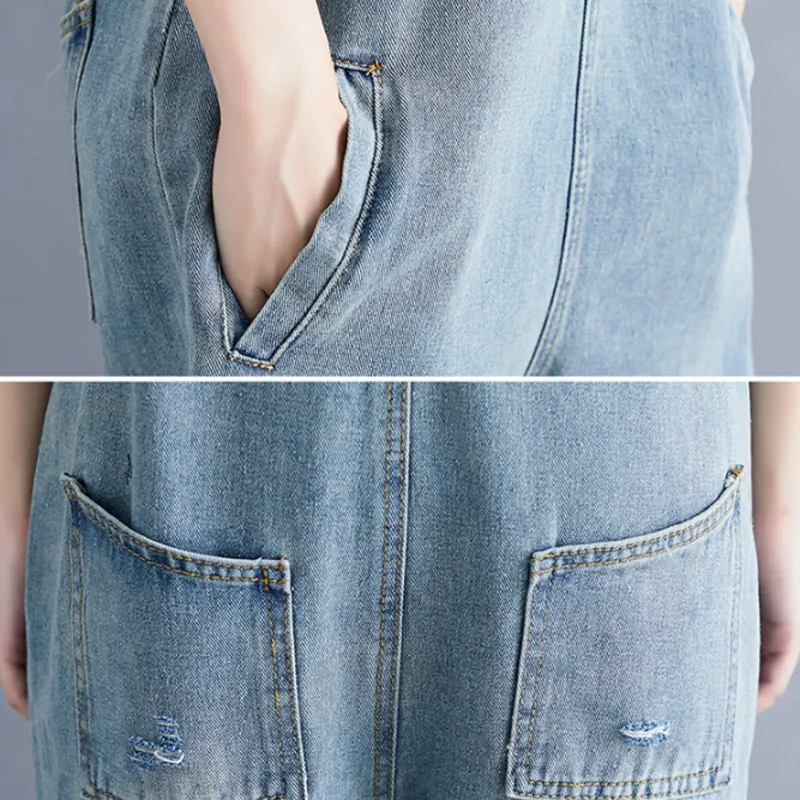 Jean Jumpsuit Casual Washed Denim Rompers European Style Plus Size Cowboy hole Bib Overalls For Women Suspenders harem pants