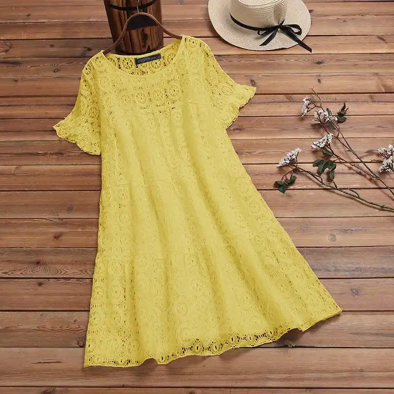 ZANZEA Bohemian Women's Casual Sundress Elegant Lace Patchwork Dress Hollow Tunic Vestidos Female Summer Robe Plus Size 5XL - Цвет: Цвет: желтый