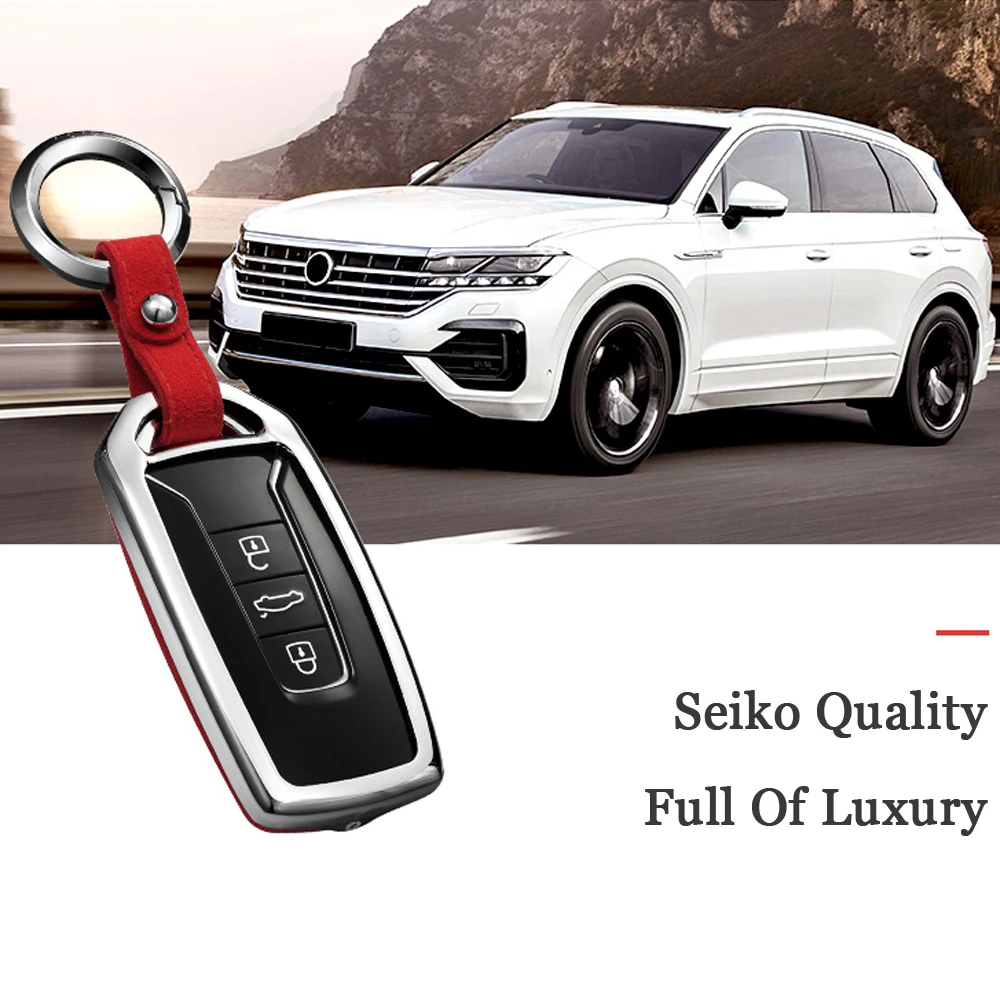 

Car Suede Leather 3 Buttons Car Key Holder Cover Wallet Set Case Shell Chain For Volkswagen Touareg 2018 2019 Sport Protector