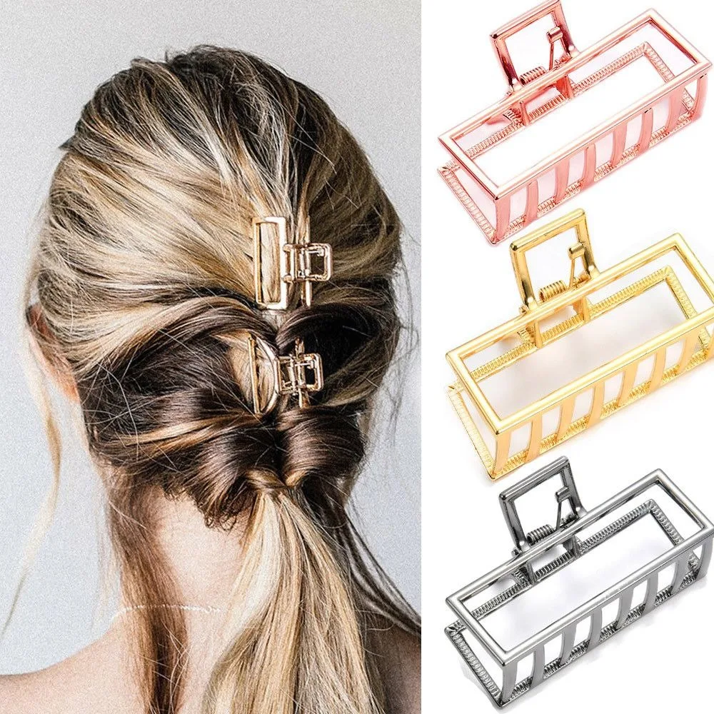 Women Geometric Hair Claw Solid Color Hair Crab Retro Square Shape Pearl Hair Clips Claws Hair Accessories Large Size Hairpin