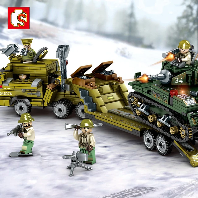 US $22.59 SEMBO 915 Pcs Heavy Trailer Stuart Light Tank Military Building Blocks Army Soldier Weapon Bricks K