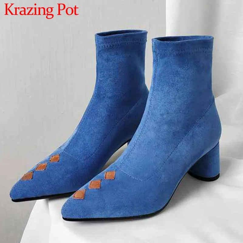 Krazing Pot/модные разноцветные растягивающиеся ботинки из флока с острым носком; женская зимняя повседневная обувь на высоком каблуке; Теплые ботильоны; L98