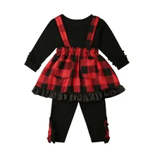 Осенне-осенний комплект из 3 предметов для маленьких девочек, клетчатый Топ, комбинезон, штаны, платье, комплект одежды, Рождественская красная одежда в клетку