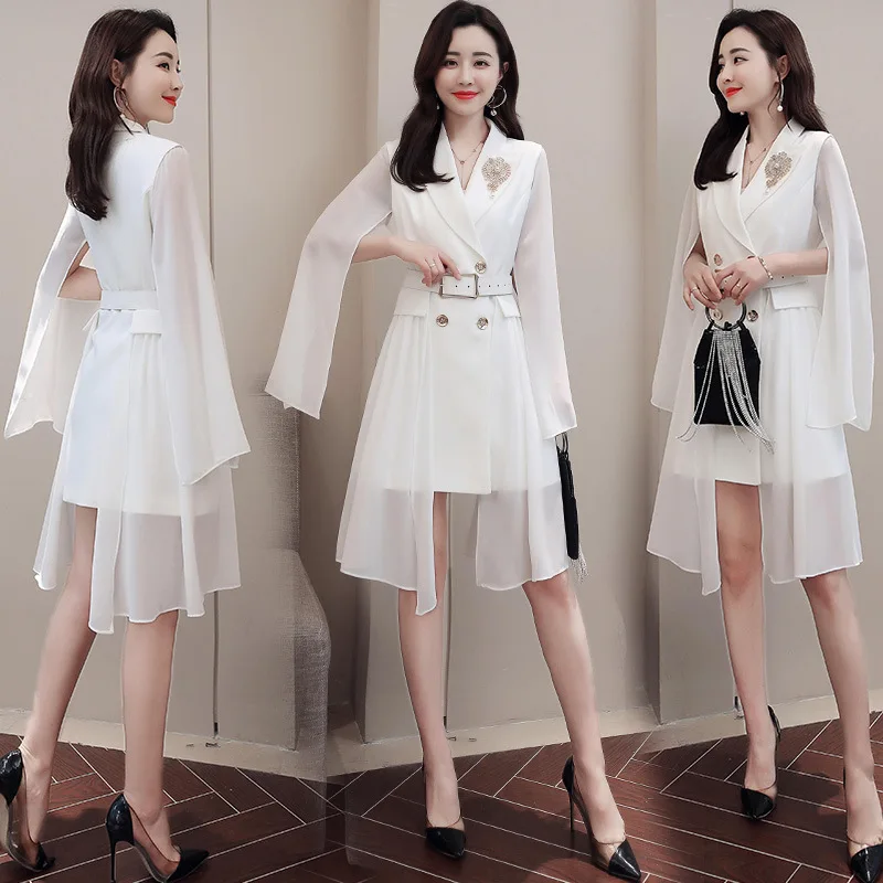 

2019 Spring And Autumn New Style Korean-style British Style Elegant Chiffon Slit Slimming Mid-length Online Celebrity Suit Jacke