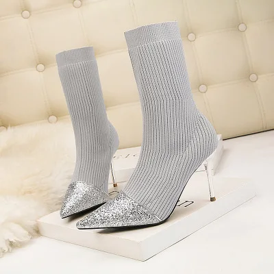 Fall/Winter 2020 women's boots fashion wild elastic knit fine heel pointed large size women's boots