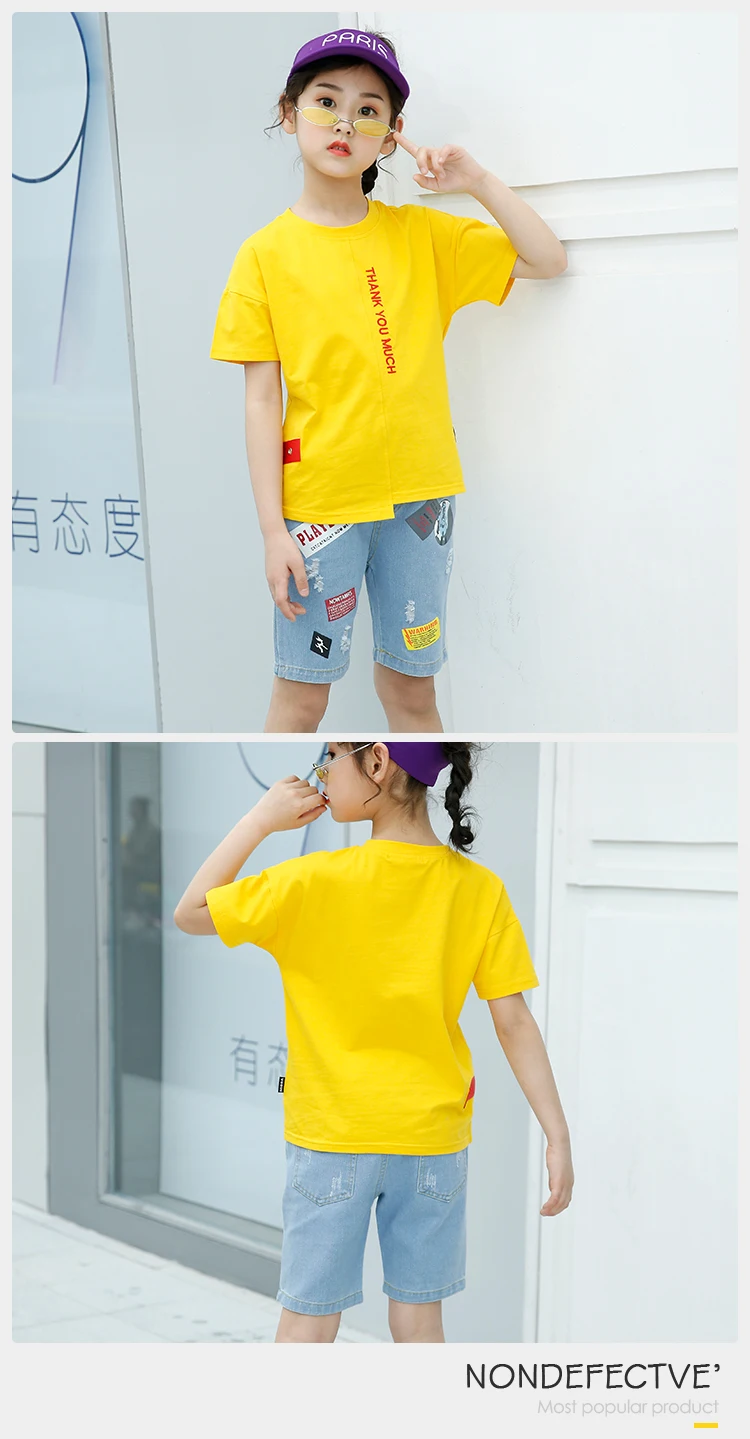 Street Style Children Kids Summer Outfits Fashion Letter Girls Yellow Children's Cloth Clothing T Shirt Jeans Pants Clothes Set
