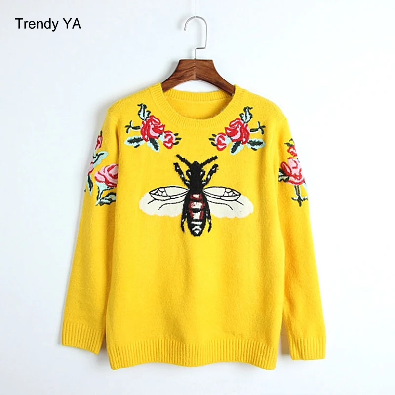 Женский свитер с вышитыми пчелами желтый или коричневый пуловер длинным рукавом
