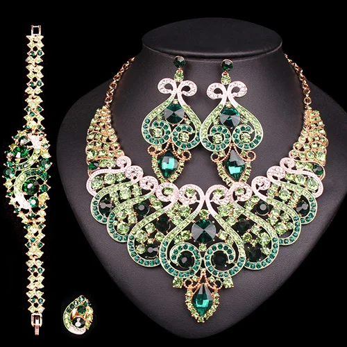4 pcs set green Роскошные свадебные ювелирные наборы, обручальное кольцо, браслет, ожерелье, серьги, набор, Женские аксессуары для костюма, индийские большие ювелирные изделия - Окраска металла: 4 pcs set green