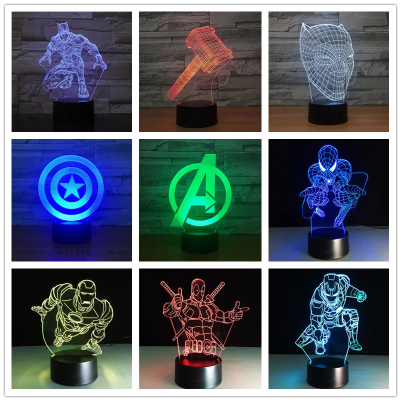 

VIP Dropship Superheroes Spiderman Thor Hammer Black Panther Icon LED Lamp Iron Man Captain America Shield 3D LED Light 5V Lamp