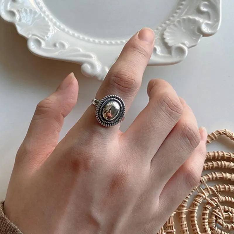 Silvology 925 Sterling Silver Oval Glossy Rings Vintage Twist Side Minimalist Japan Korea Rings for Women High Quality Jewelry - Цвет камня: Silver