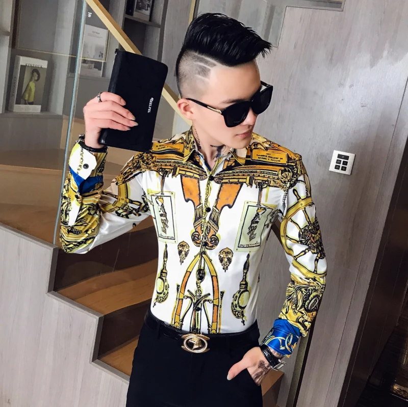 Осенние Рубашки мужские Клубные рубашки дизайны Camisa Social Slim Fit повседневные Роскошные Ropa De Hombre золотые мужские рубашки с принтом