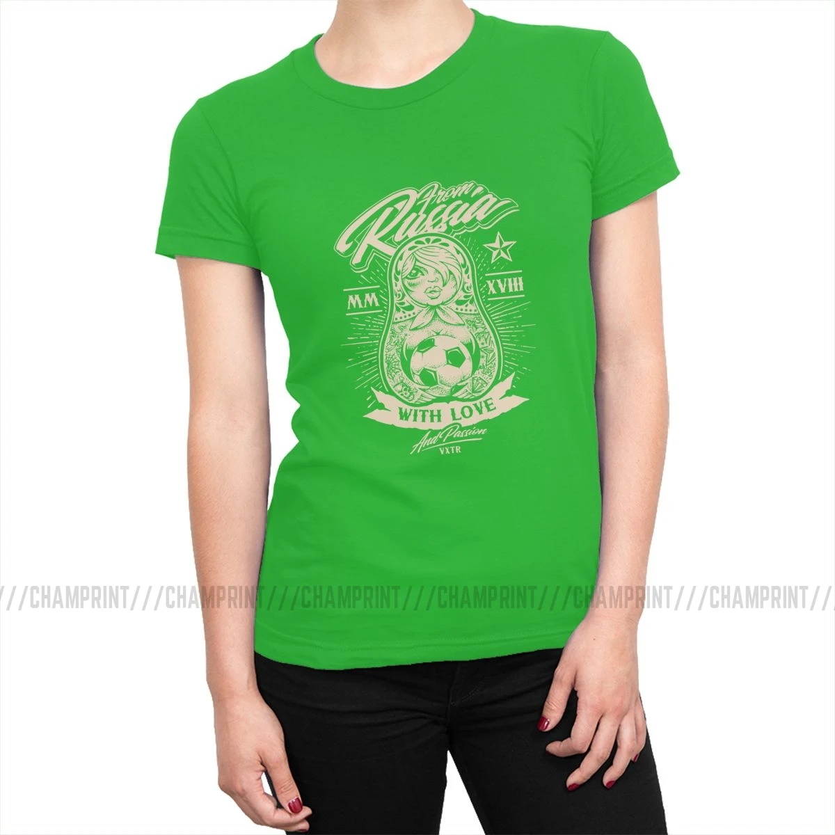 Women's From Russia With Love T-shirts Matryoshka Doll T Shirts Vogue Pure Cotton Tops Tees Summer Female Clothing Plus Size - Цвет: Зеленый