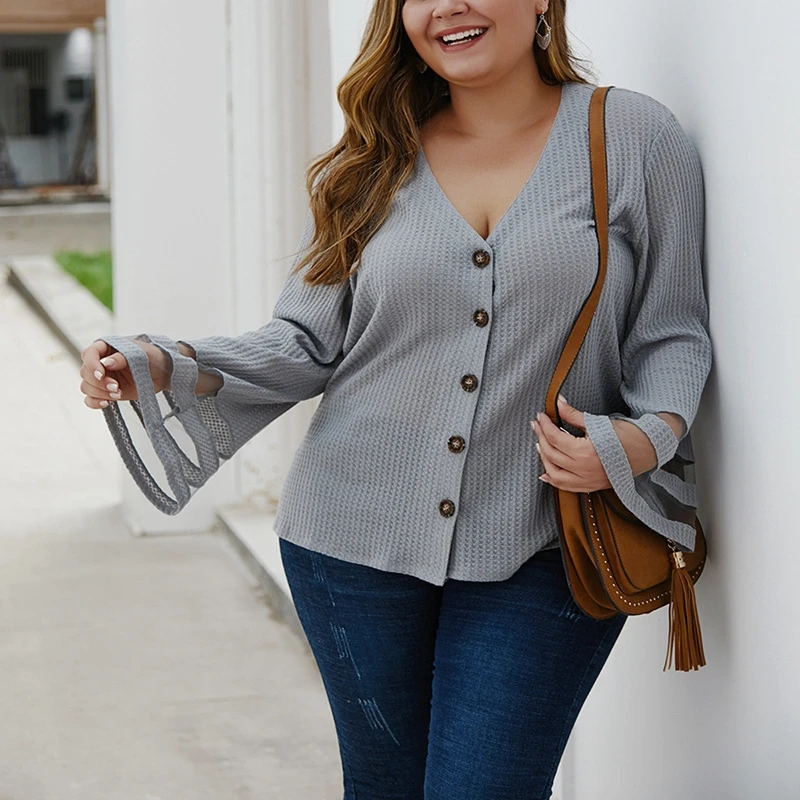 Autumn large size women's knit top T-shirt 4XL 5XL 6XL 7XL 8XL sexy V-neck button solid color trumpet sleeve bust 133CM