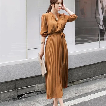 

Summer Dress Button Lace Up Elegant Office Lady Korean Vintage Women Long Dress Pleated High Waist 2019 Retro Maxi Dress W084