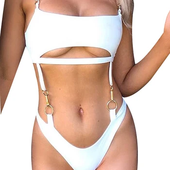 

Women High Waisted Metal Chain Button One-Piece Bikini Solid White Sexy Bandeau Swimsuit Female Beach Biquini