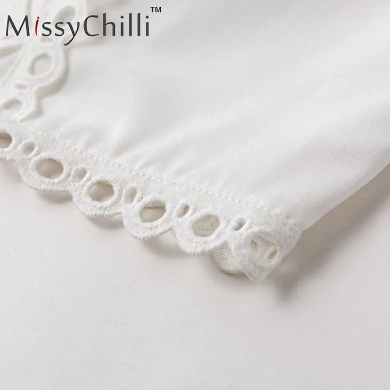 MissyChilli выдалбливают Вышитые белая офисная блузка рубашка для женщин с длинным пышным рукавом Блузка Весна сексуальный элегантный клуб короткий топ