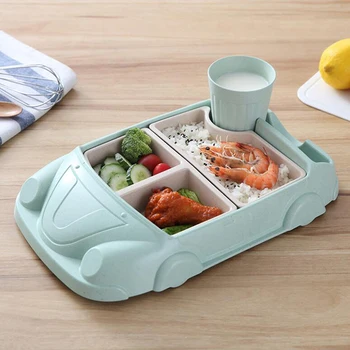 

Tableware Set Bamboo Fiber Children Feeding Tableware Creative Cartoon Car Separation Training Board Kitchen Tableware