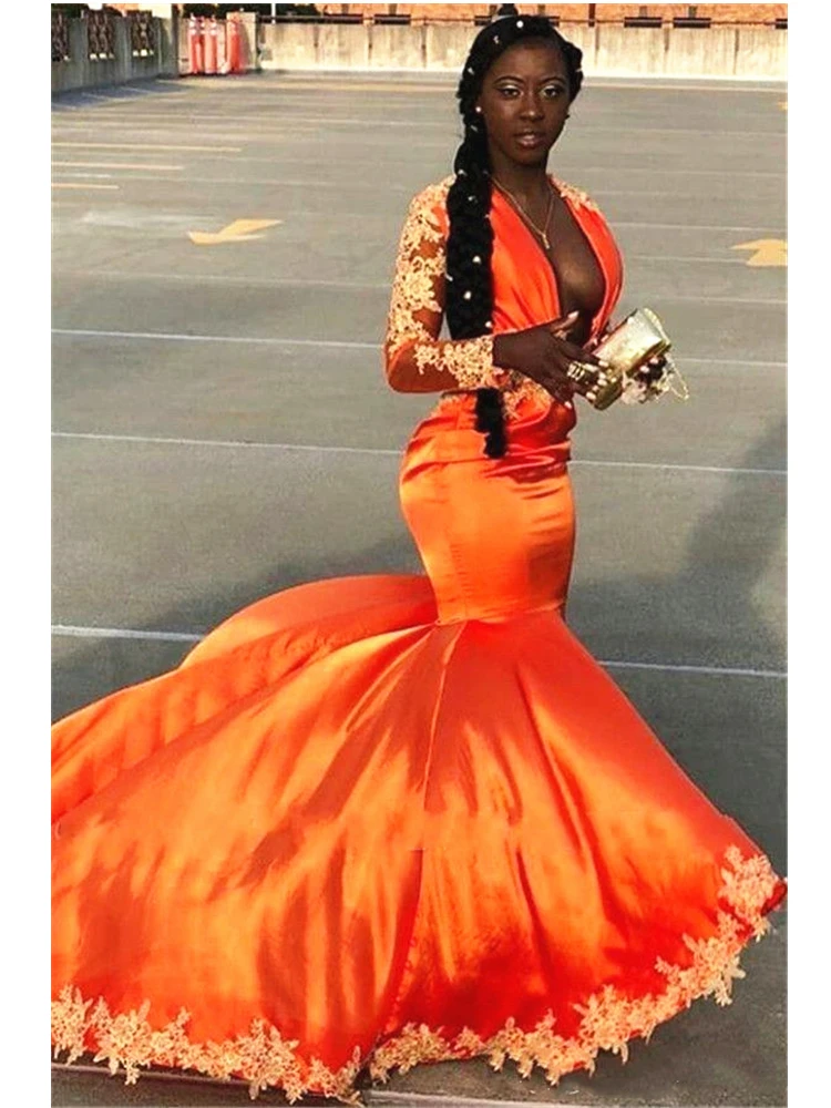 african-orange-long-sleeves-prom-reflective-dresses-2019-deep-v-neck-appliques-mer   maid-lace-plus-size-evening-gowns