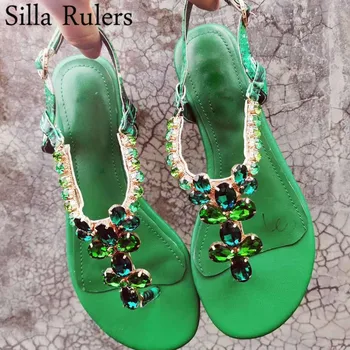 

2020 New Summer Luxurious Rhinestone round Toe Flat Sandals Woman Runway Flip Flop Genuine Leather Summer Gladiator Shoes Woman